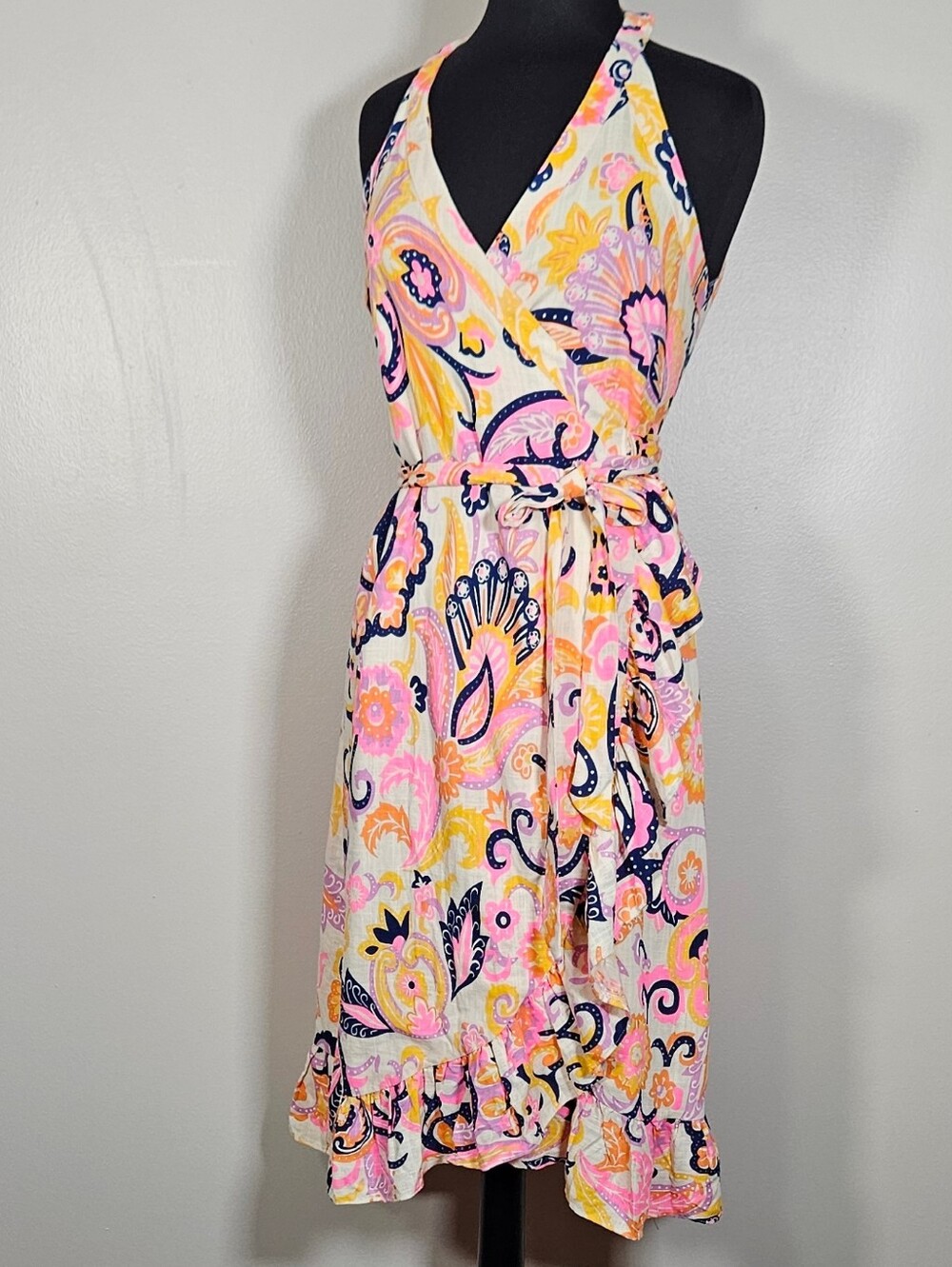 Julie Brown Kaylah Neon Wrap Halter Dress Flutter Hem Summer 4 Label Missing